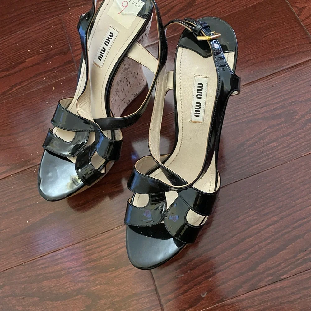MUI MUI Black Patent Leather Wedge Cork Heel Sandals - Picture 7 of 14